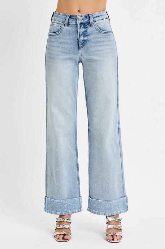 Risen TC High Rise Ankle Wide Cuffed Jeans-Light Wash