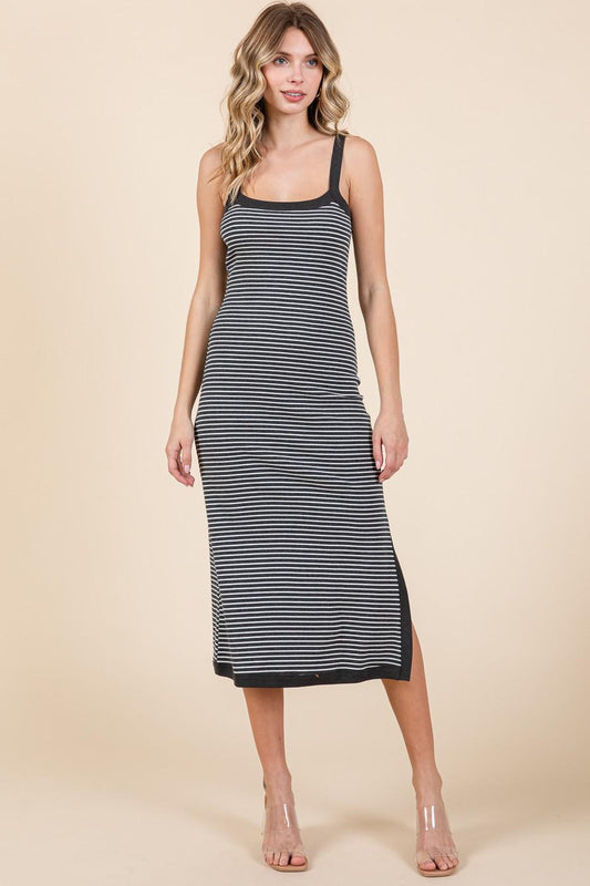 Striped Contrast Midi Dress - Charcoal