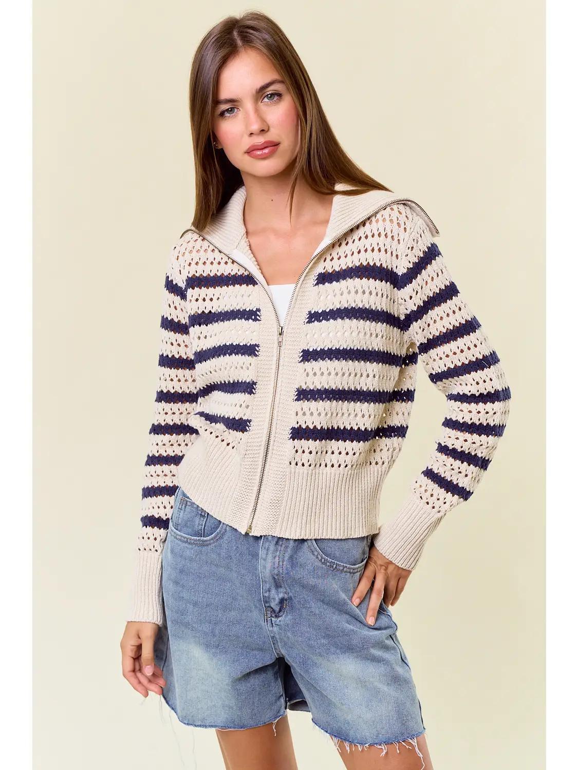 Zip-Up Striped Pointelle Open Knit Sweater Jacket