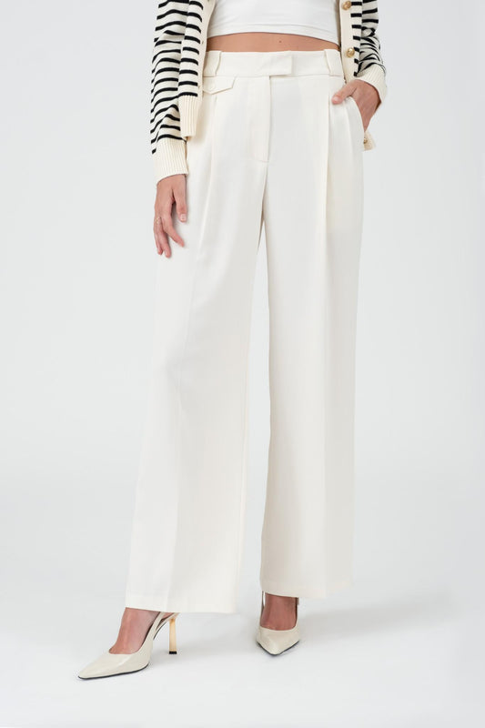 High Waist Wide Leg Pleated Dress Pants - Ecru