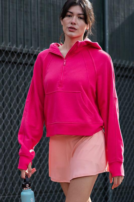 French Terry Cropped Hoodie-Flamingo Pink