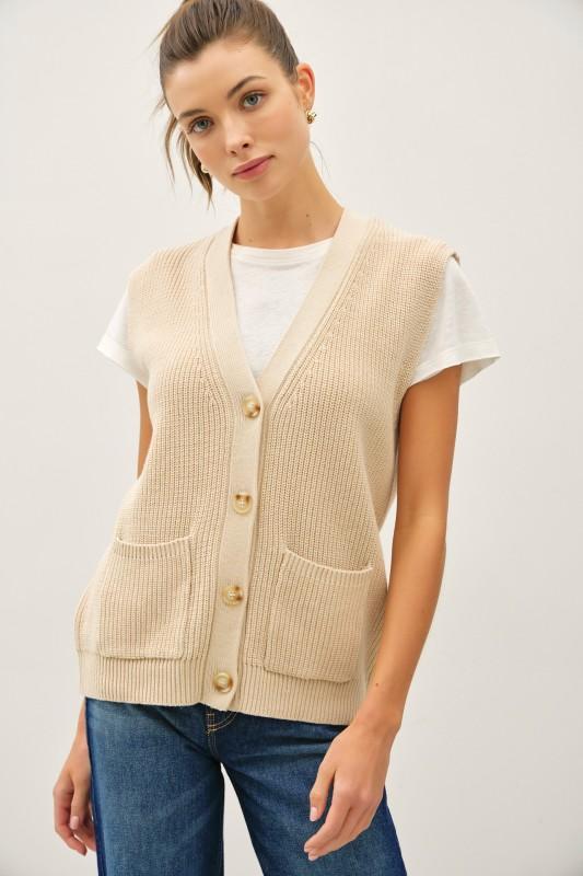 Varsity Style Button Up Sweater Vest With Pockets