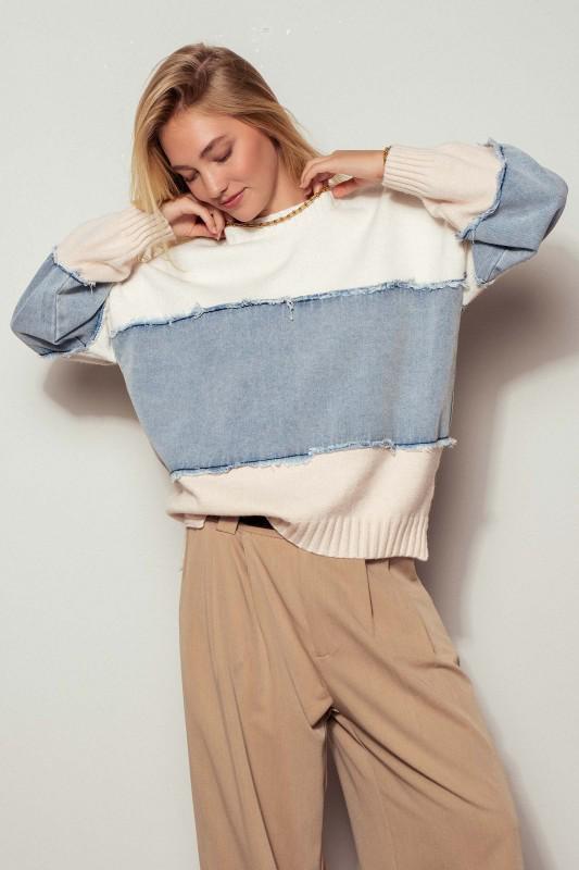 Colorblock Denim Patchwork Sweater
