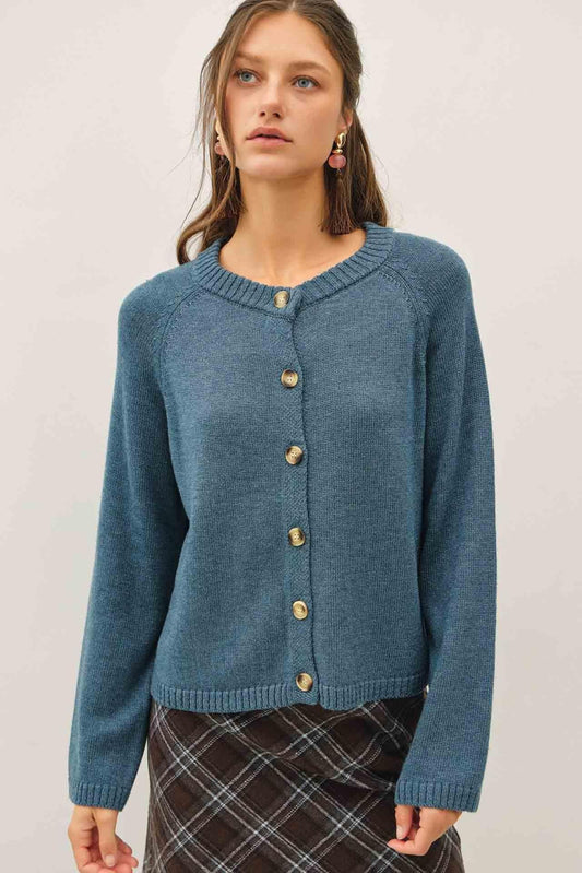Crewneck Button Up Raglan Cardigan