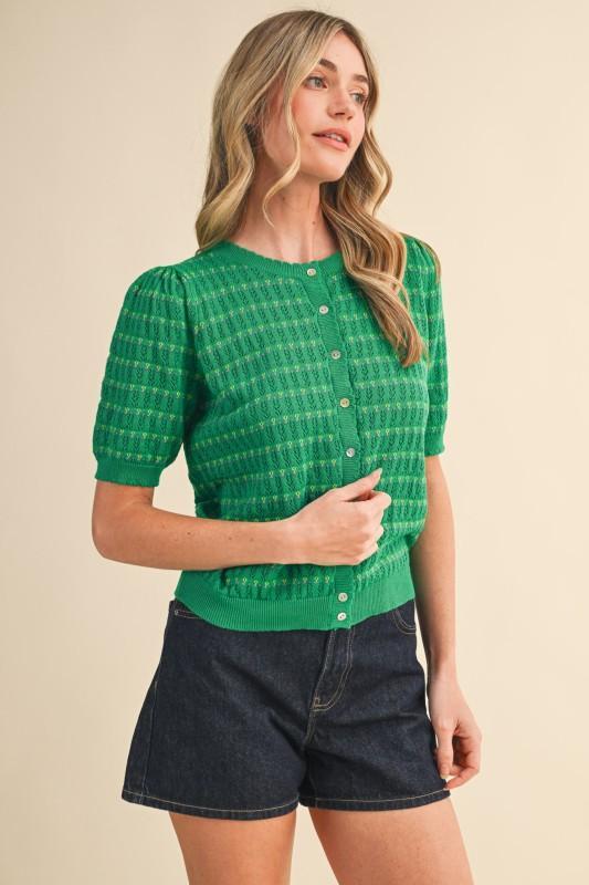 Pointelle Short Puff Sleeve Button Down Sweater