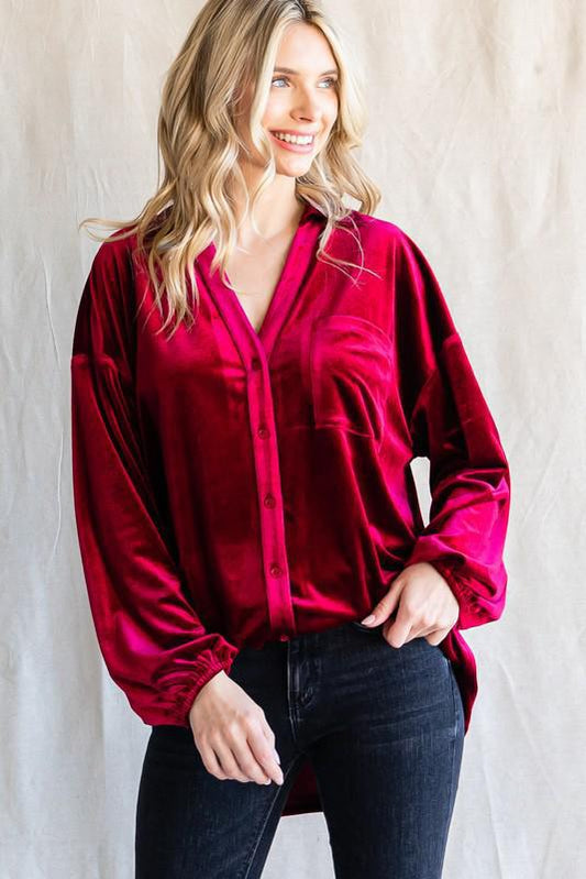 Velvet Long Sleeve Top - Wine