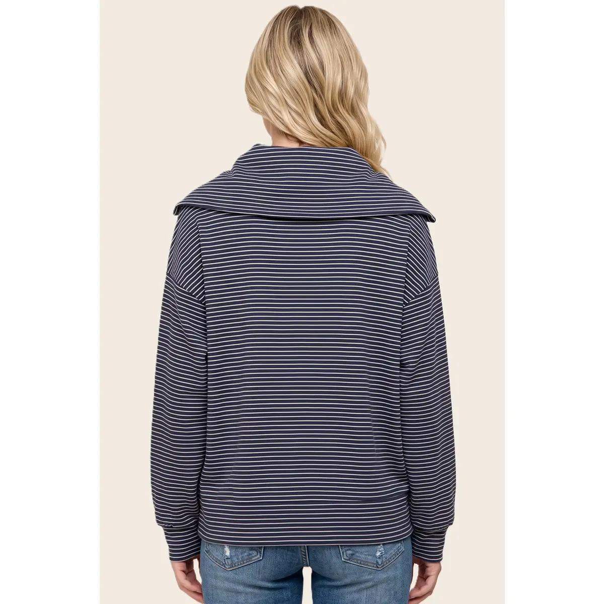Half Zip Spread Collar Striped Top