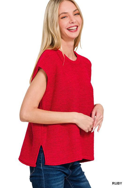 Oversized Crew Neck Sweater Vest-Red