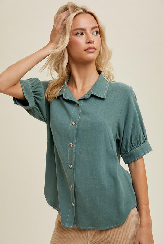 Puff Sleeve Blouse With Contrast Stitch - Teal