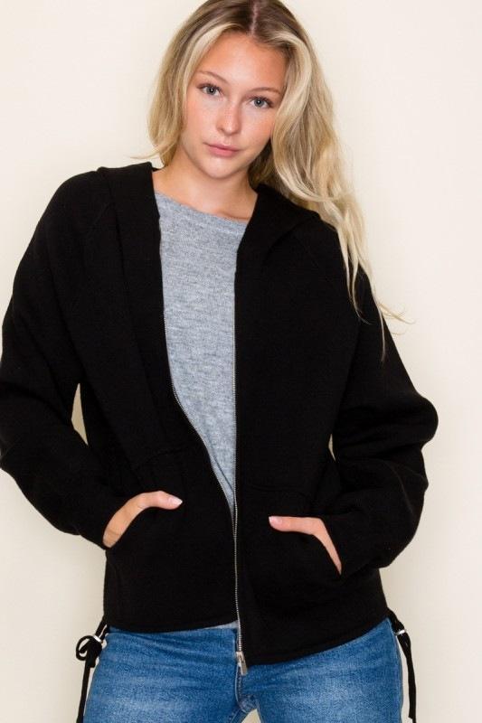 Drawstring Hem Zip Up Sweater Jacket
