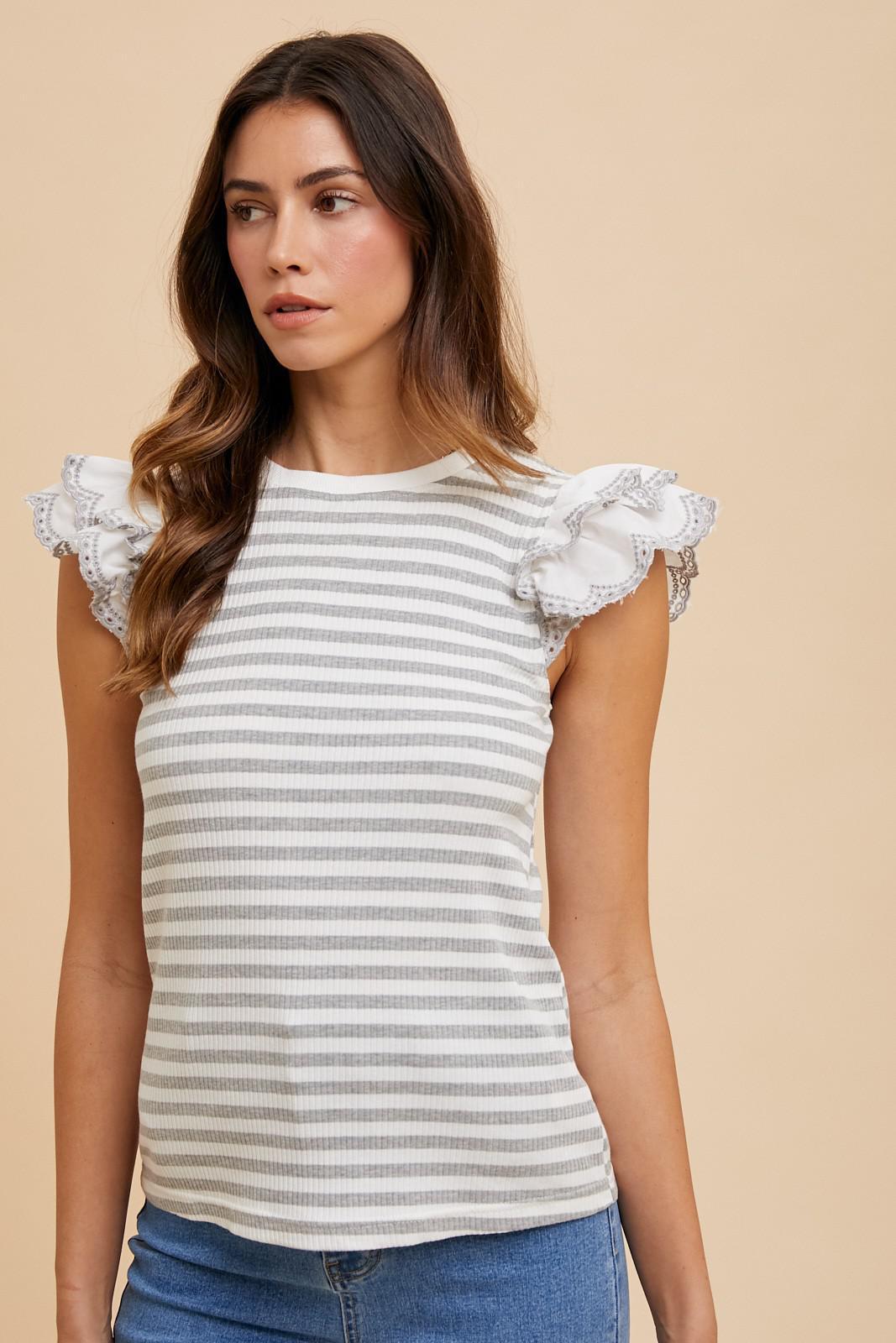 Eyelet Double Ruffle Sleeve Stripe Knit Top