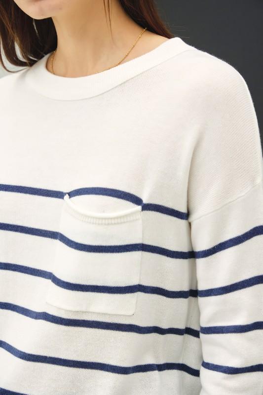 Marine Blue Lightweight Stripe Front Pocket Sweater