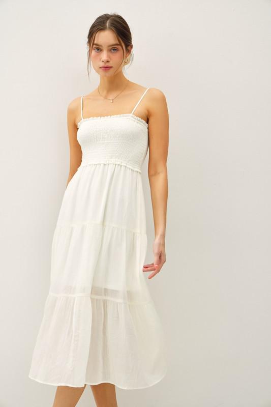 Sheer Midi Dress W/ Smocked Bodice-White