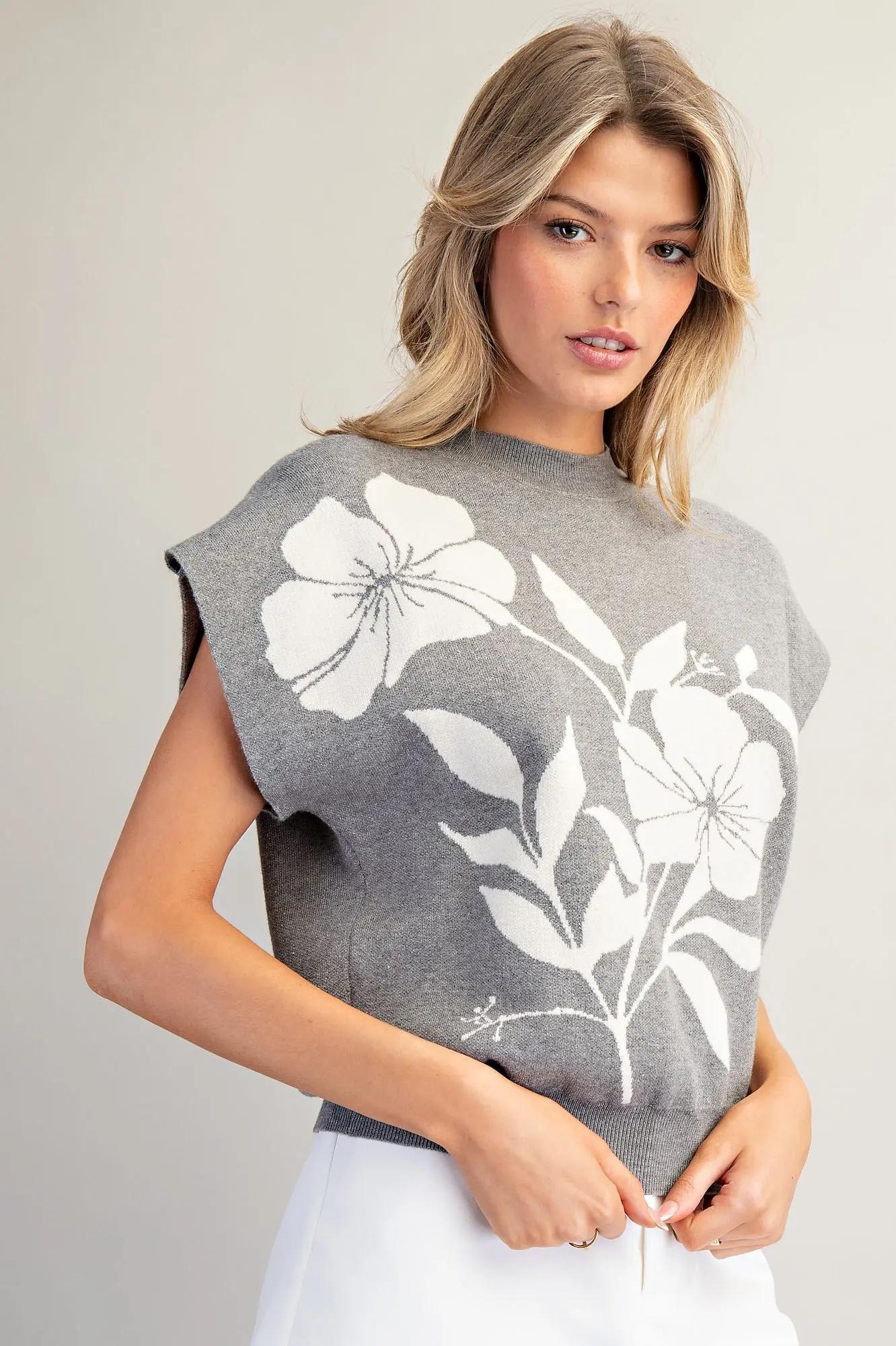 Floral Cap Sleeve Mock Neck Sweater Top