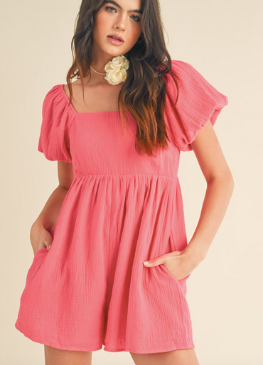 Square Neck Bubble Sleeve Romper-Pink
