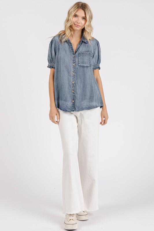 Washed Chambray Puff Sleeve Button Up Collar Shirt