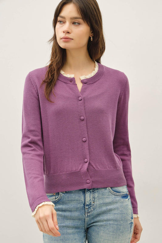 Lace Trim At Neck And Cuff Fine Cardigan