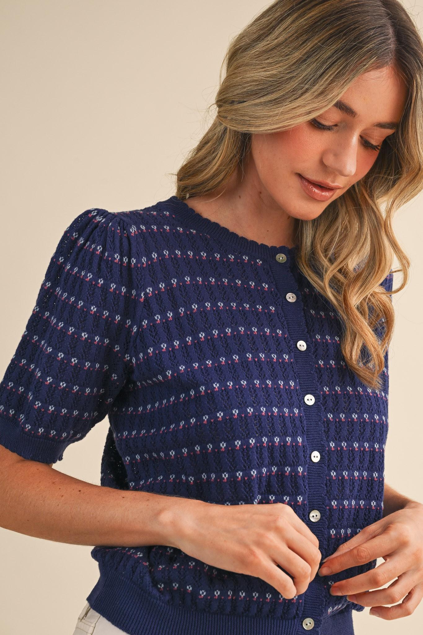 Pointelle Short Puff Sleeve Button Down Sweater
