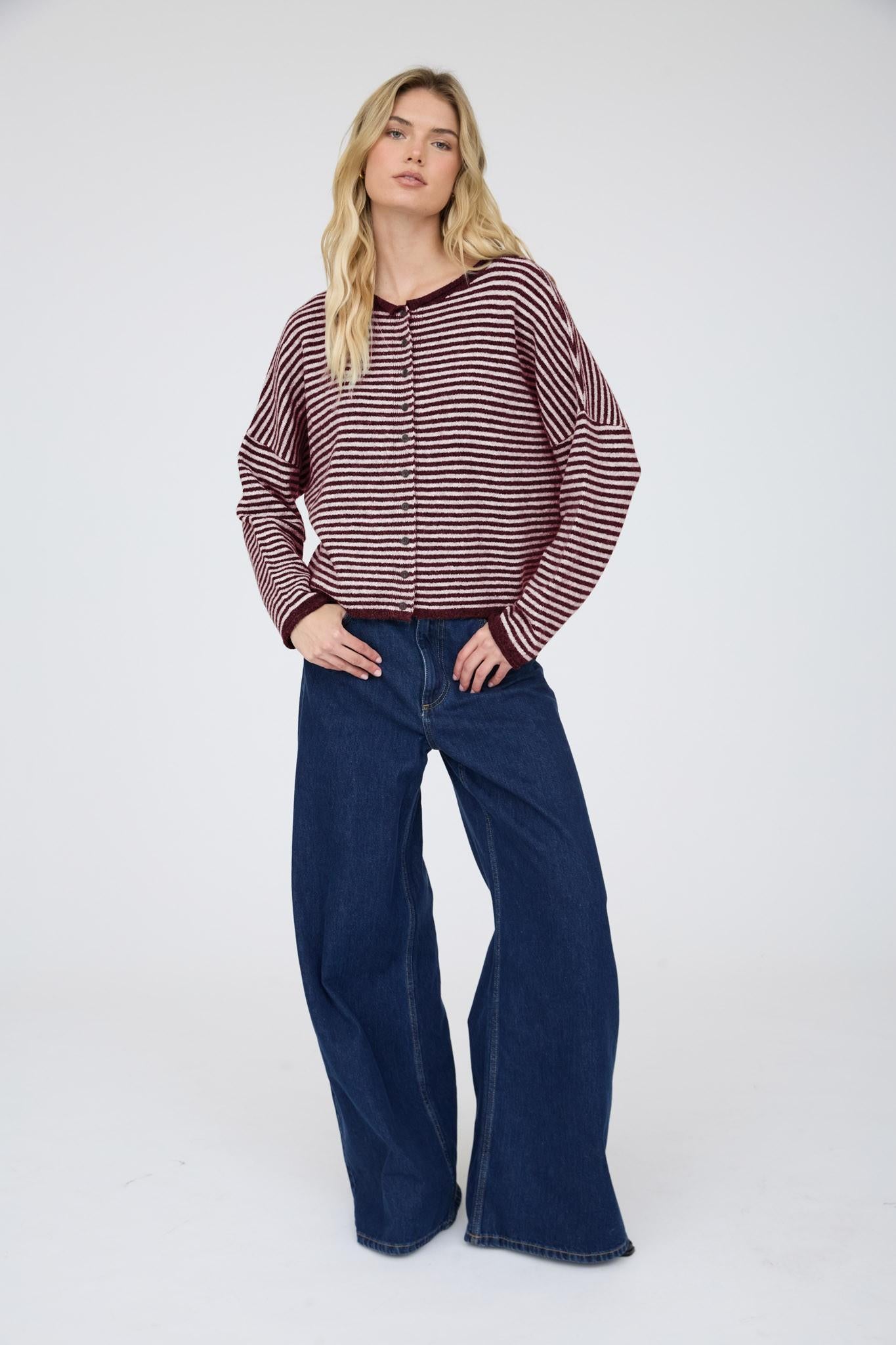 Stripe Raw Edge Drop Shoulder Cardigan