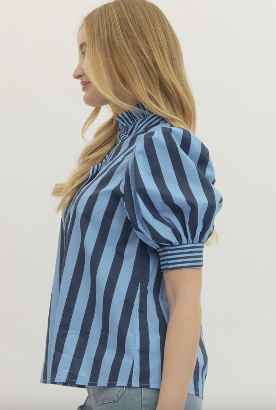 Striped Print Short Puff Sleeve