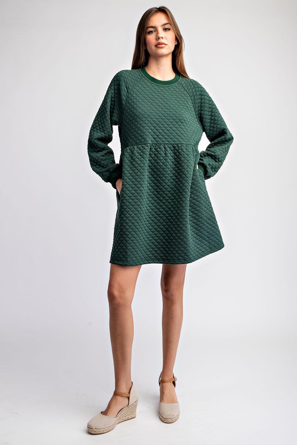 Textured Babydoll Dress-Pine