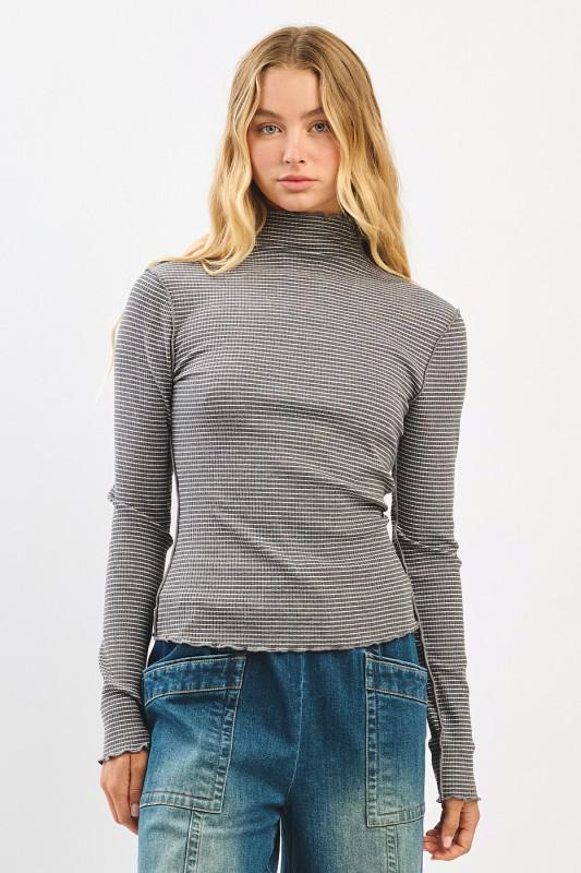 Striped Mock Neck Long Sleeve Rib Knit Top