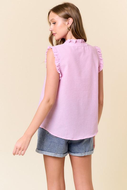Seersucker Stripe Mock Neck Ruffle Trimmed Shirt