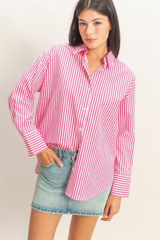 Cotton Poplin Striped Button Up-Pink