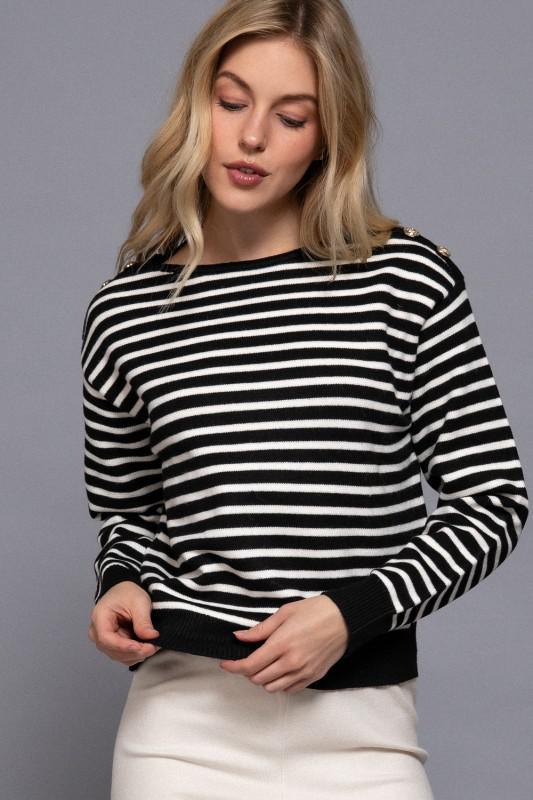 Buttoned Shoulder Stripe Sweater