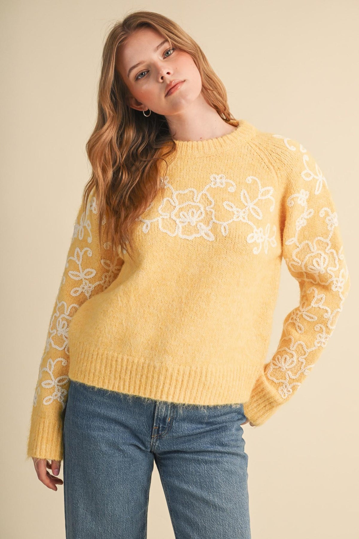 Contrast Knit Floral Embroidery Sweater