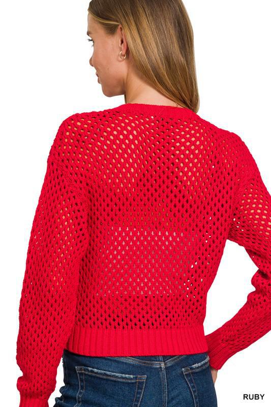 Ruby Red Crochet Cardigan Sweater