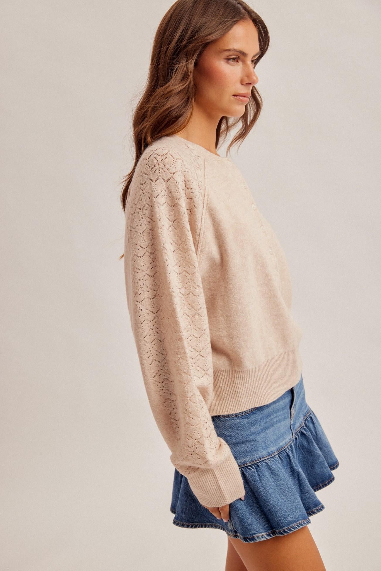 Lace Textured Sleeve Henley Sweater