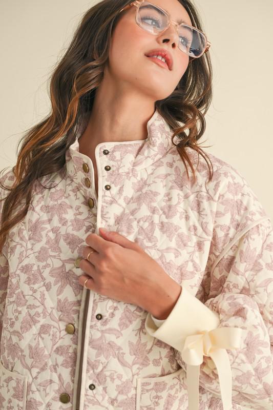 Floral Quilted Jacket With Bow Tie Ribbon Detail