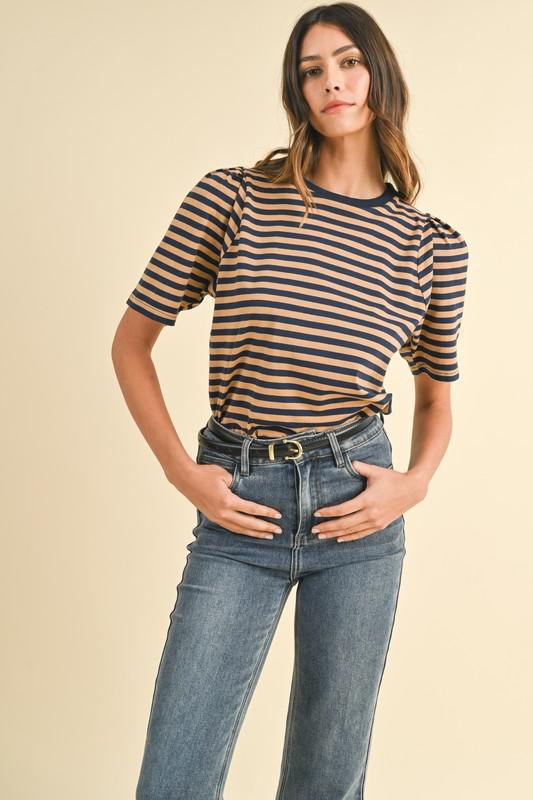 Multi Stripe Puff Sleeve Shirt-Navy/Camel