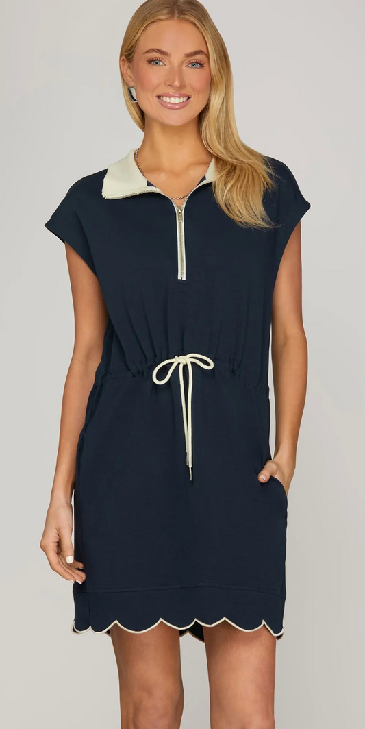 Scallop Short Sleeve Drawstring Dress