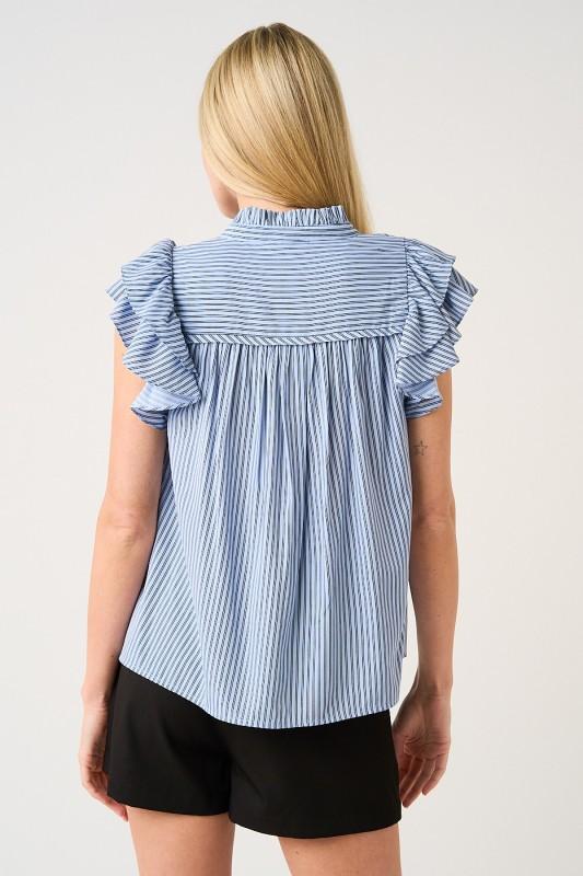 Striped Short Ruffle Sleeve V-neck Blouse