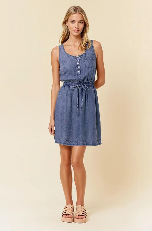 Scoop Neck Drawstring Waist Denim Tencel Dress