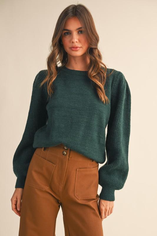 Ribbed Puff Sleeve Sweater-Hunter