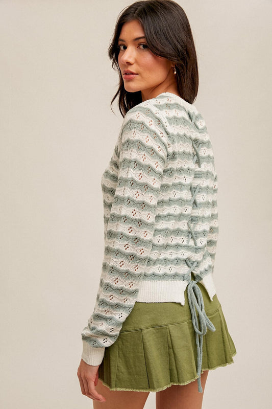 Lace Up Detail Back Pointelle Knit Top