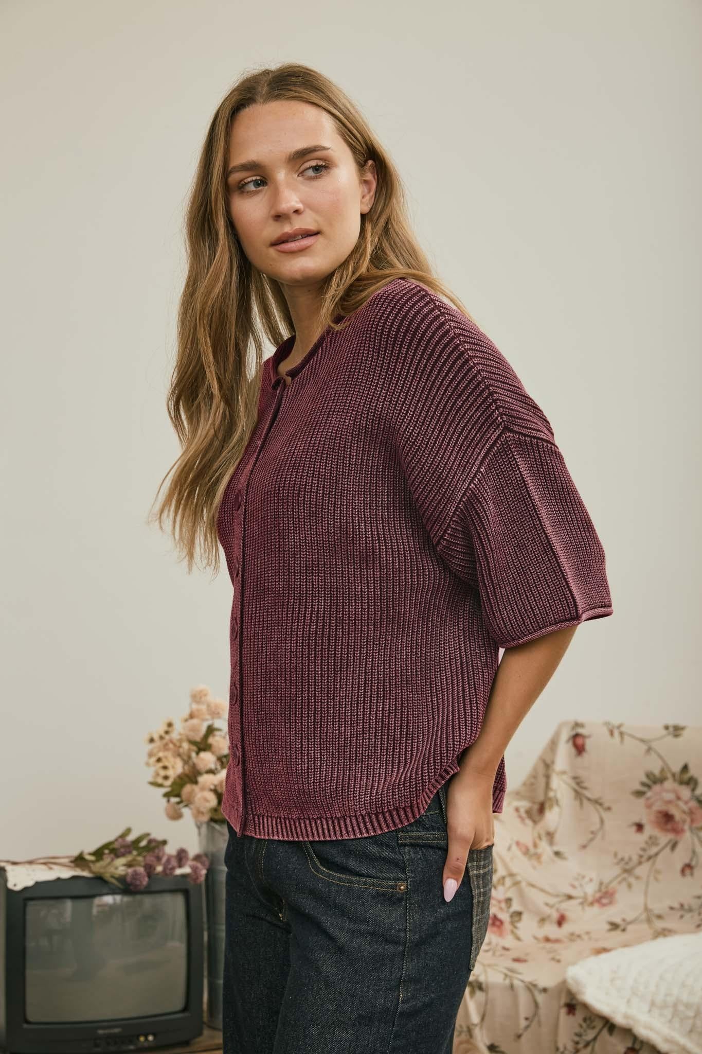 Washed Ribbed Rolled Edge Cardigan