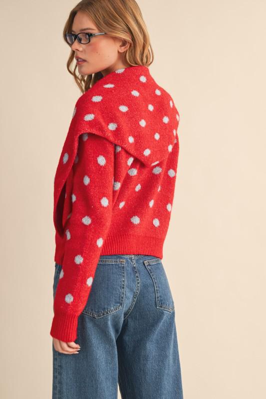 Polka Dot Sweater Cardigan With Detachable Scarf
