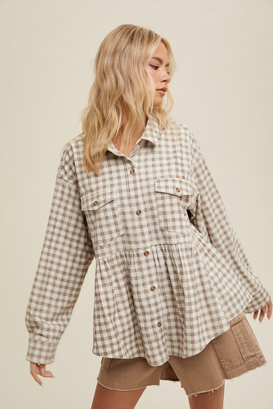 Plaid Peplum Button Up Shirt - Mocha