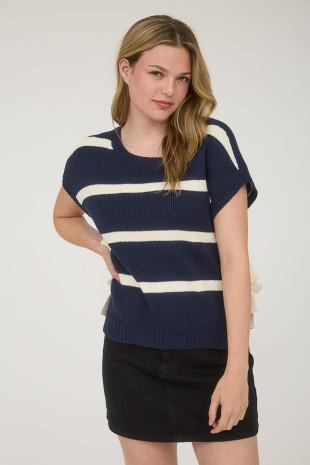 Stripe Side Tie Short Sleeve Knit Sweater-Navy