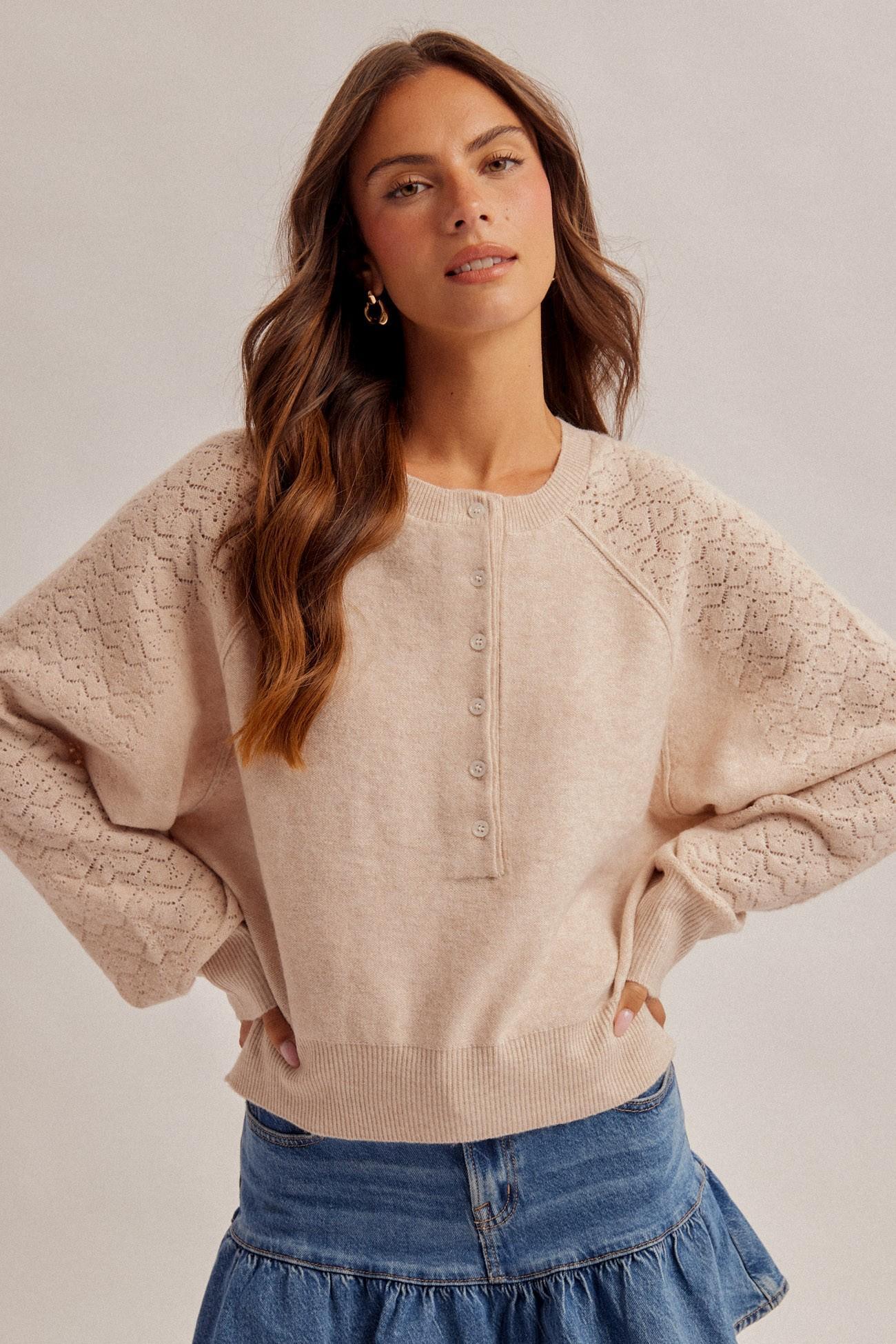 Lace Textured Sleeve Henley Sweater