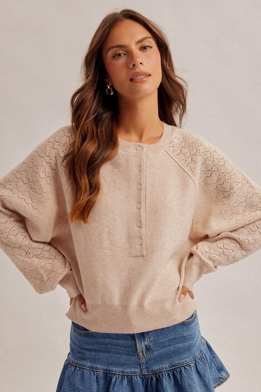 Lace Textured Sleeve Henley Sweater