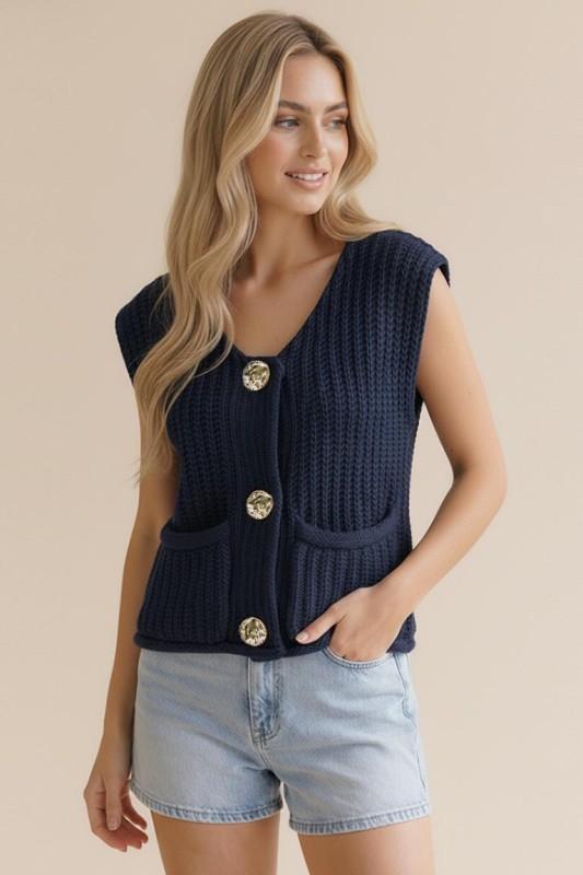 Gold Button Down Chunky Sweater Vest W/pocket