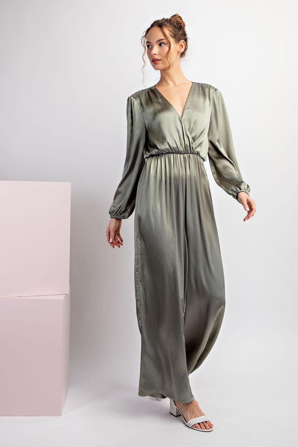 Satin V-Neck Long Sleeve Jumpsuit