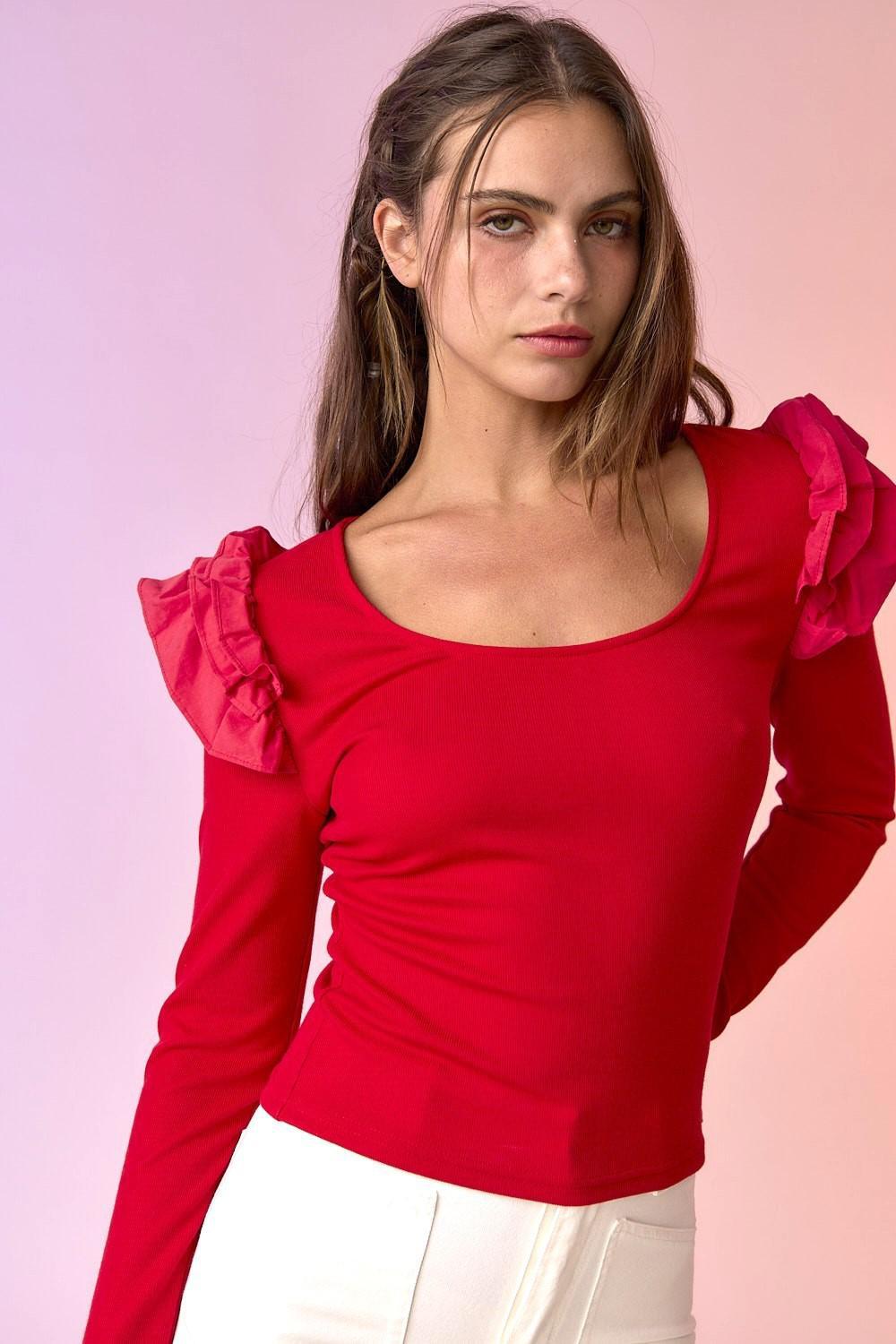 Luna Ribbed Ruffle Top - Red