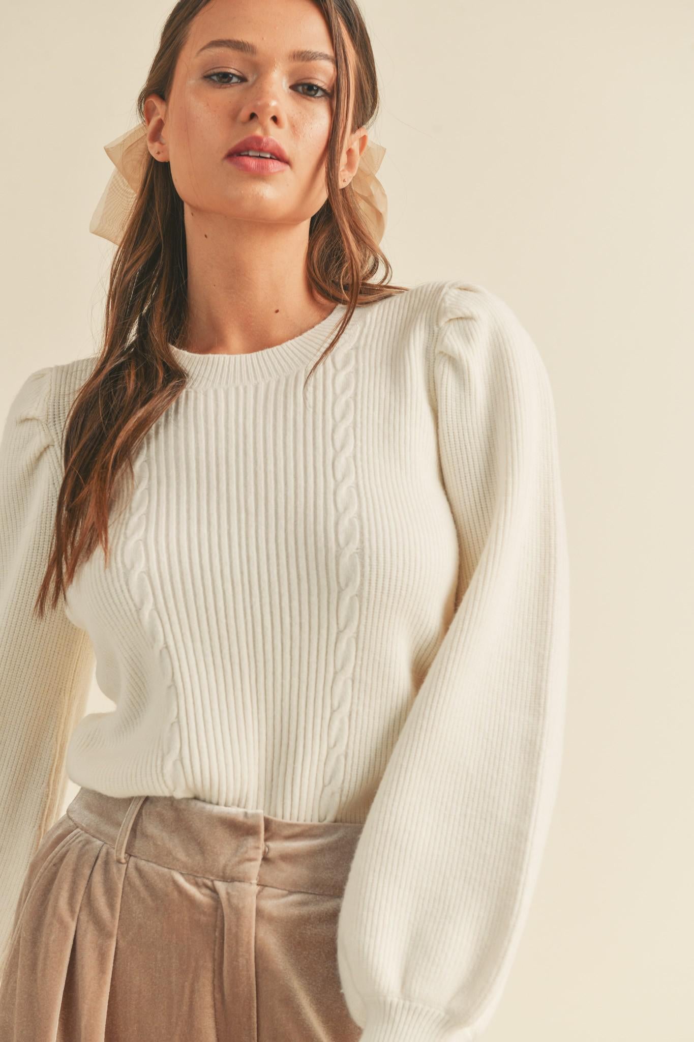 Ribbed Puff Sleeve Sweater - Ivory