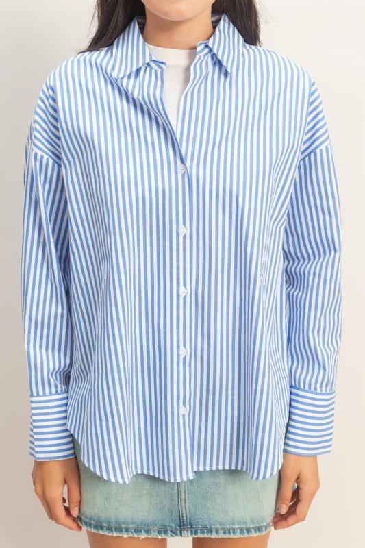 Cotton Poplin Striped Shirt-Bright Blue